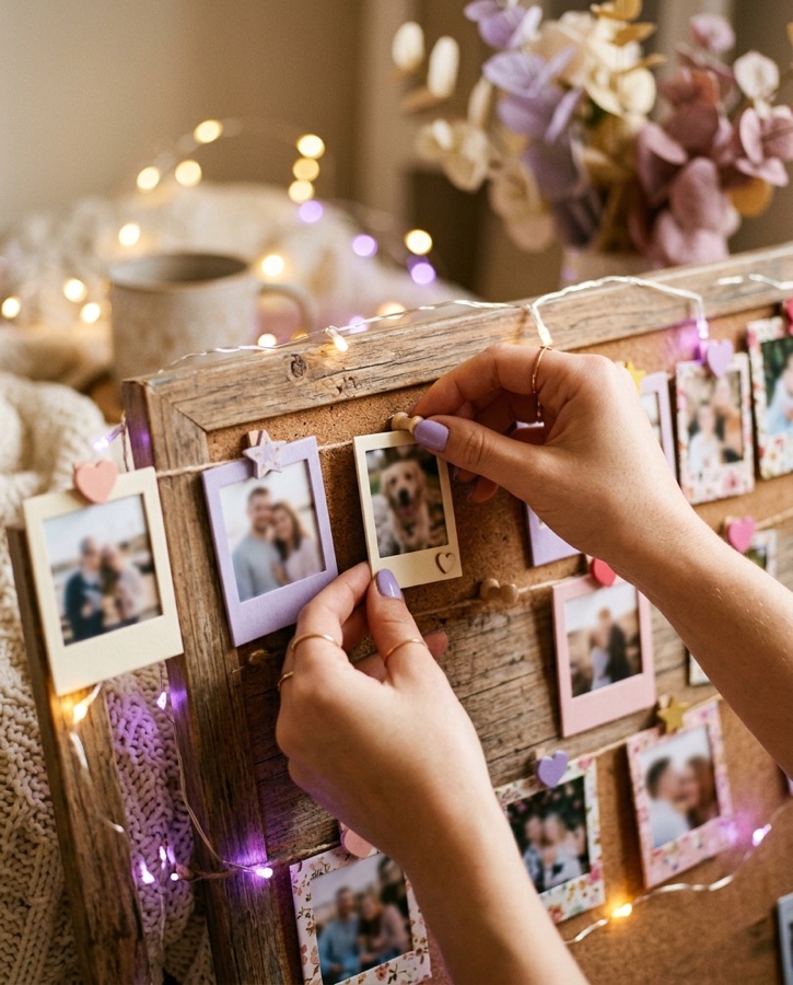 Hands arranging decorative polaroid frames on a wooden pinboard surrounded by soft glowing string lights.
