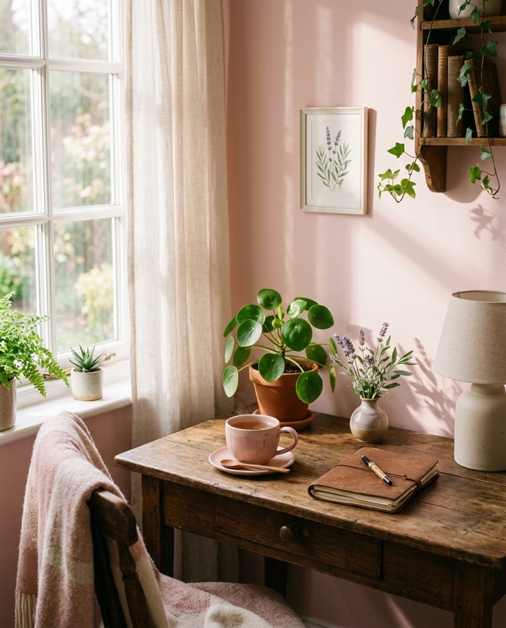 A cozy room corner with soft sunlight, a cup of warm tea, and potted greenery against a blush pink wall.