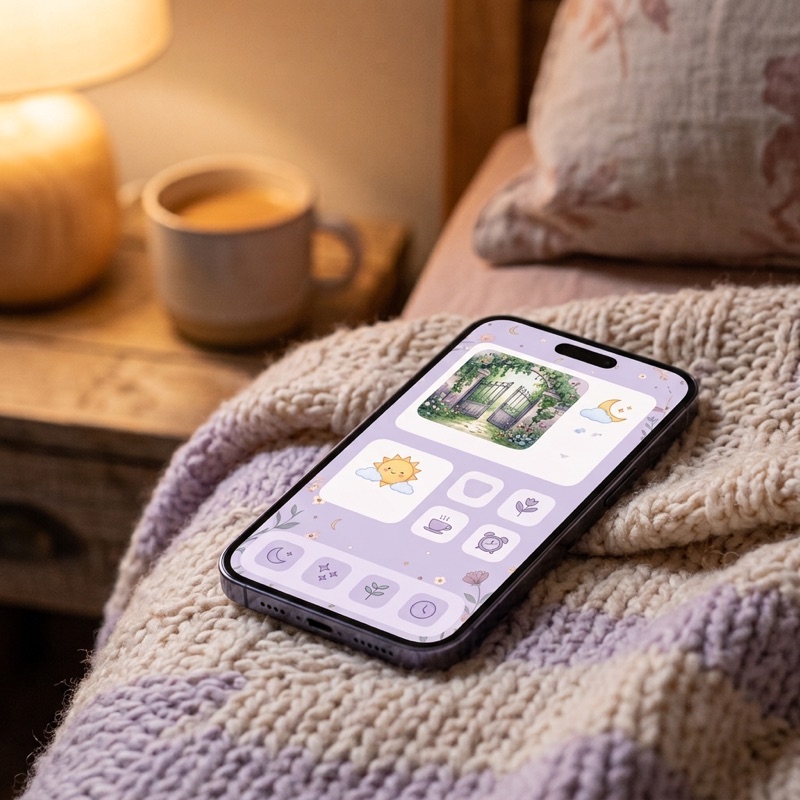 A smartphone resting on a pastel blanket showing a soft lavender home-screen widget with a photo riddle tile.