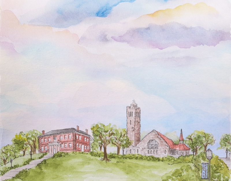 Watercolor artwork of campus buildings and trees under a pastel sky.